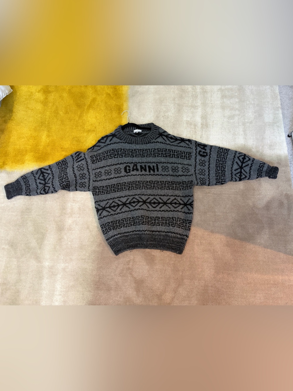 Ganni Gray and Black Patterned Crewneck Sweater